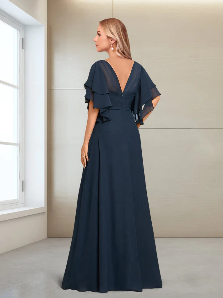 Princess V-Neck Floor-Length Half Sleeves Mother of the Bride Dresses